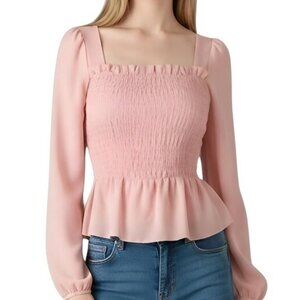 Boohoo Smocked Peasant Top Rose Quartz 4 NWT